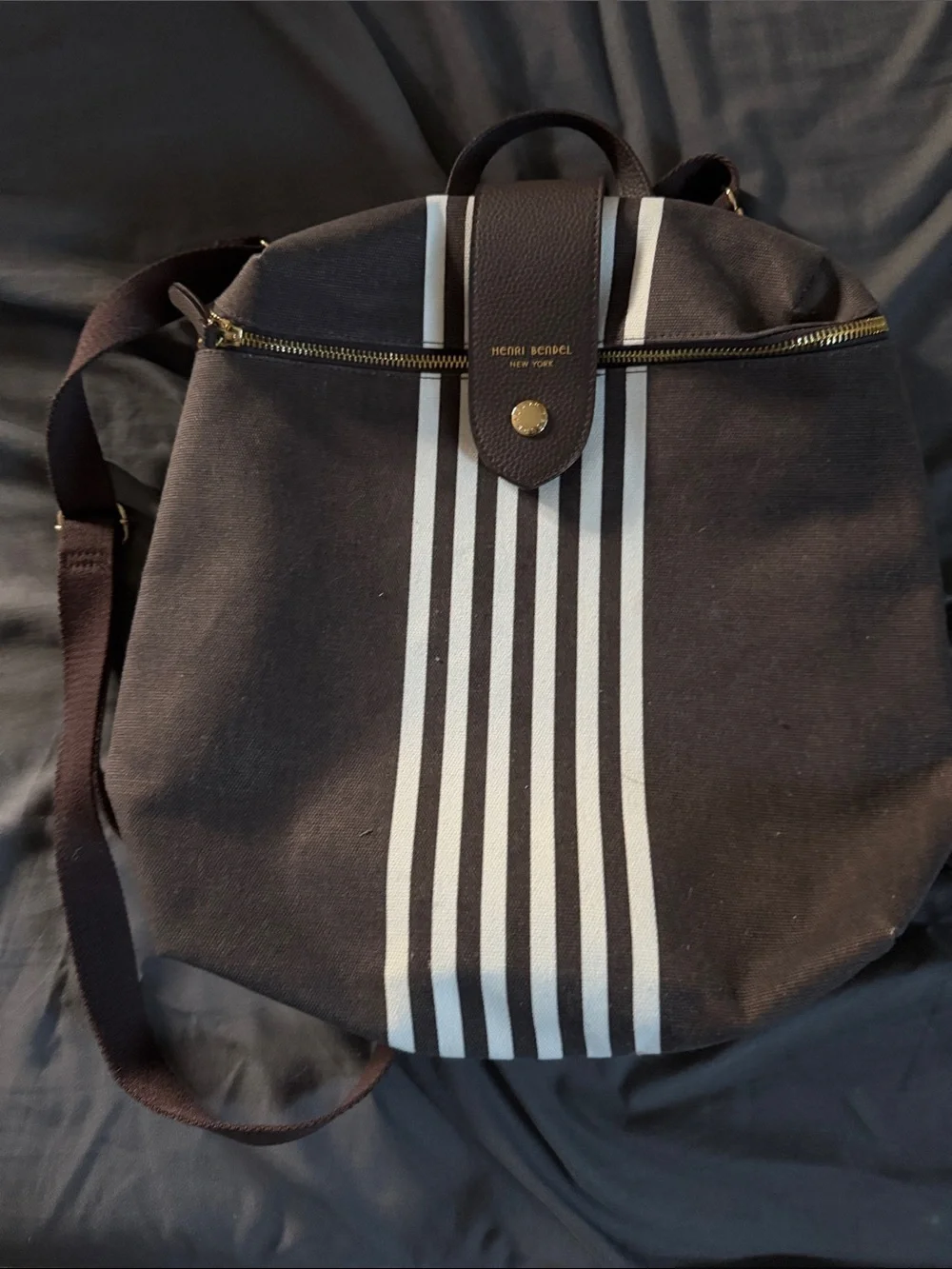 henri bendel Brown Canvas Backpack with White Vertical Stripes - Picture 2 of 5